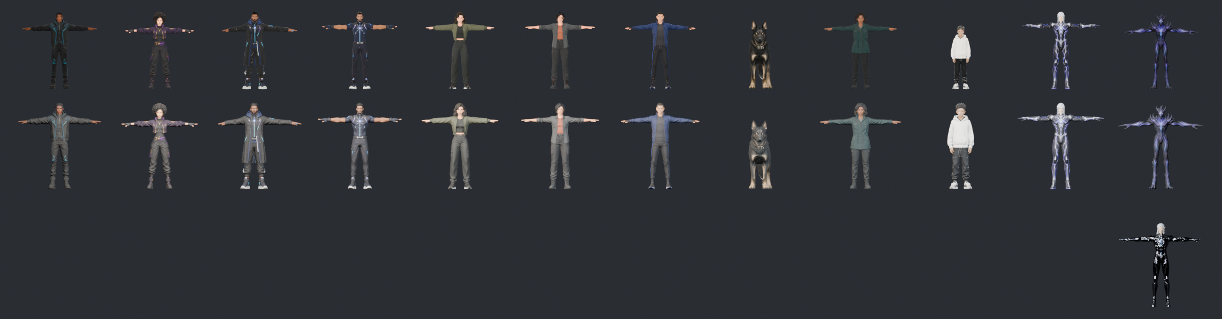 Twelve RHM characters compared across hero and rigged 3D tiers