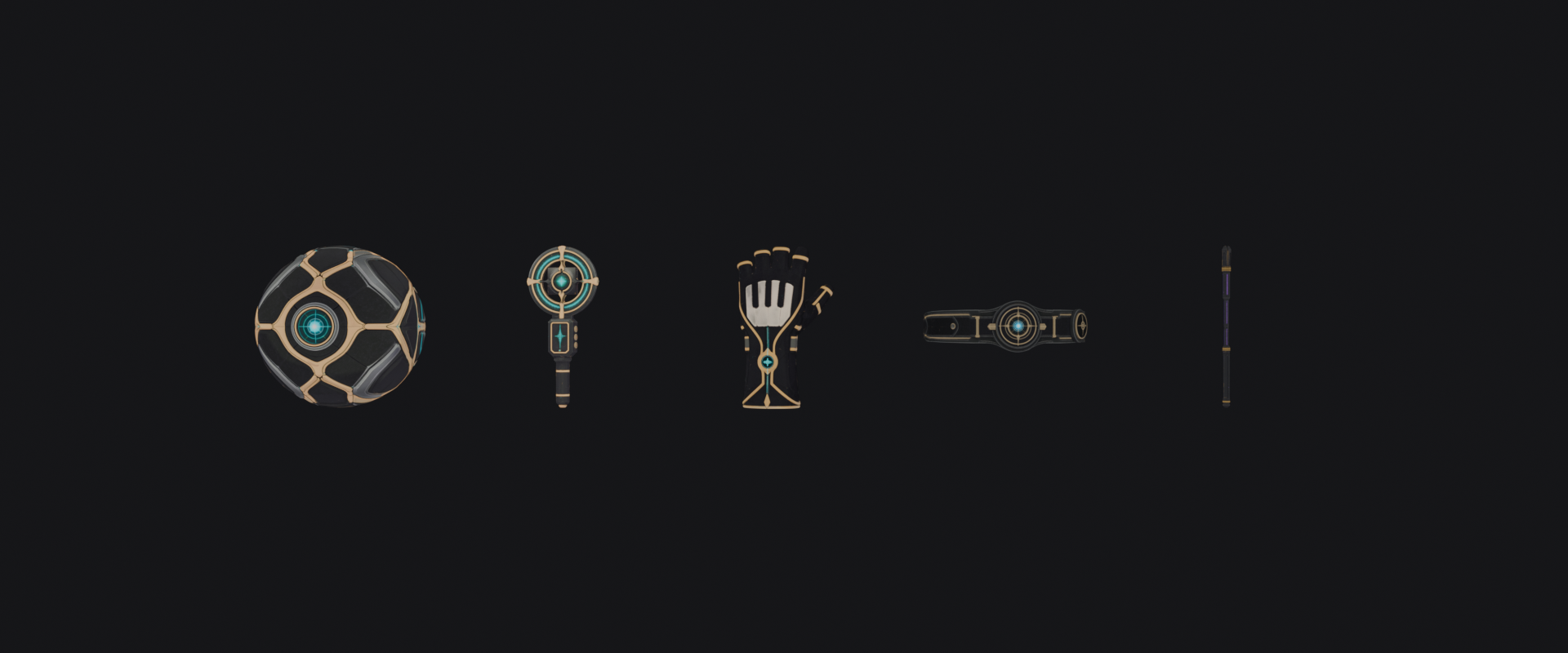 Studio render of five RHM resonant weapons and artifacts