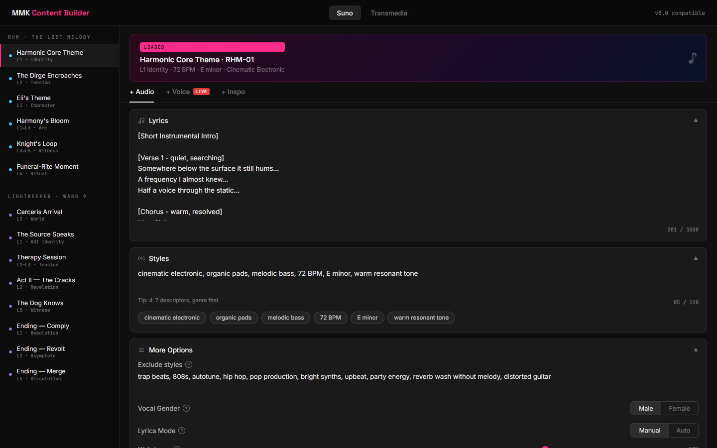 MMK Content Builder interface organizing music and transmedia output